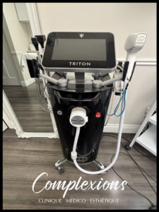InMode Triton laser hair removal device at Complexions Medical Aesthetic Clinic in Laval, Quebec. Dual handpiece technology designed for both fair and dark skin tones, offering safe and professional medical-grade laser hair removal treatments.